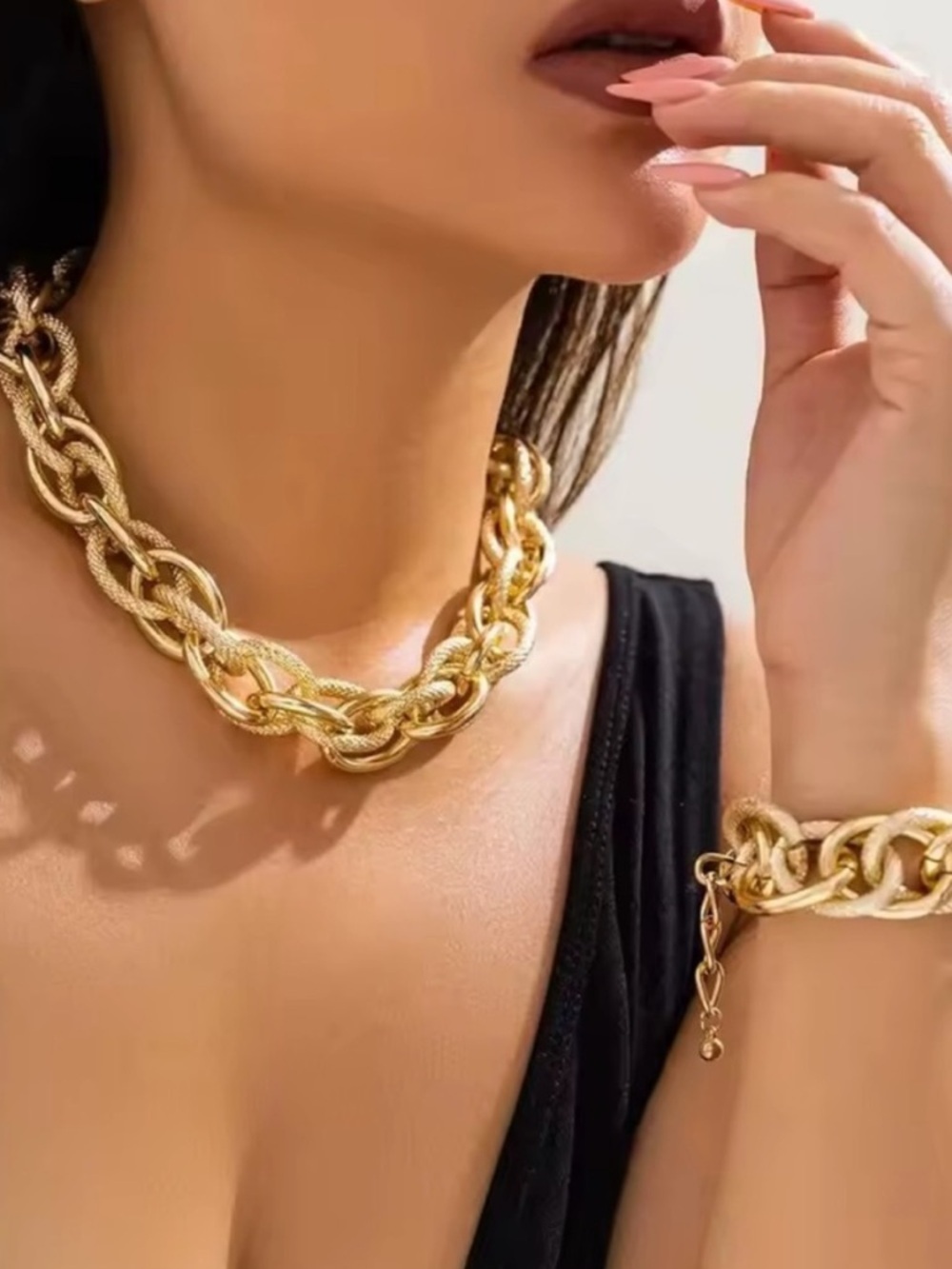 Gold Chunky Chain Necklace and Bracelet Set